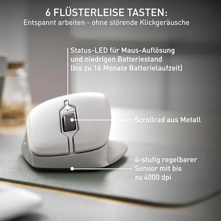 CHERRY STREAM MOUSE COMFORT, Ergonomische Funkmaus für Rechtshänder, 2,4 GHz, 6 Tasten, Weiß – Bild 5