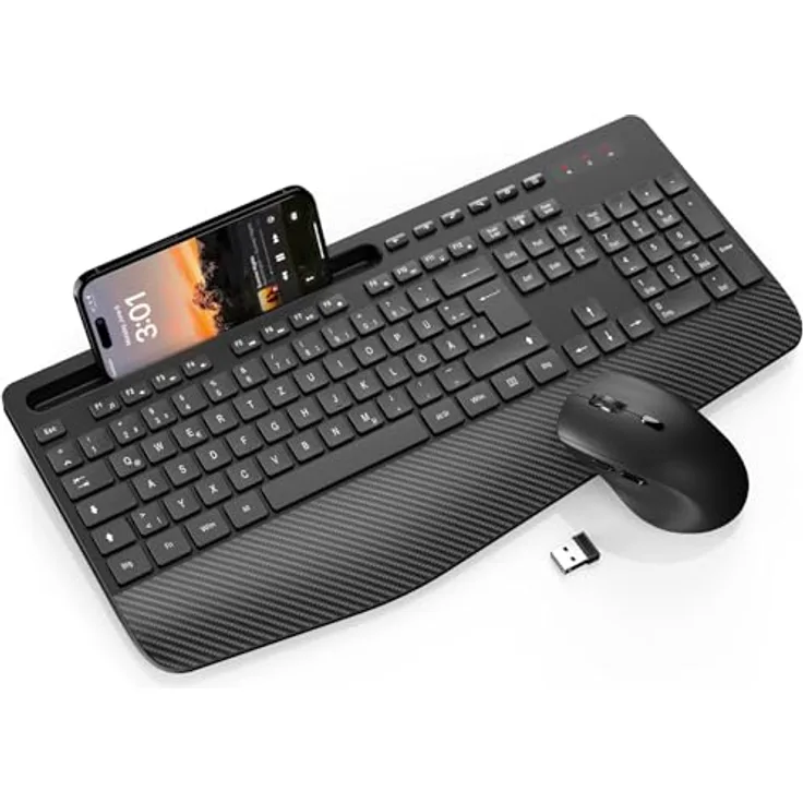 SABLUTE Kabelloses Tastatur Maus Set, Ergonomische Vollgröße mit Handgelenkauflage, Telefonhalter, leise 2,4 GHz für Mac und Windows