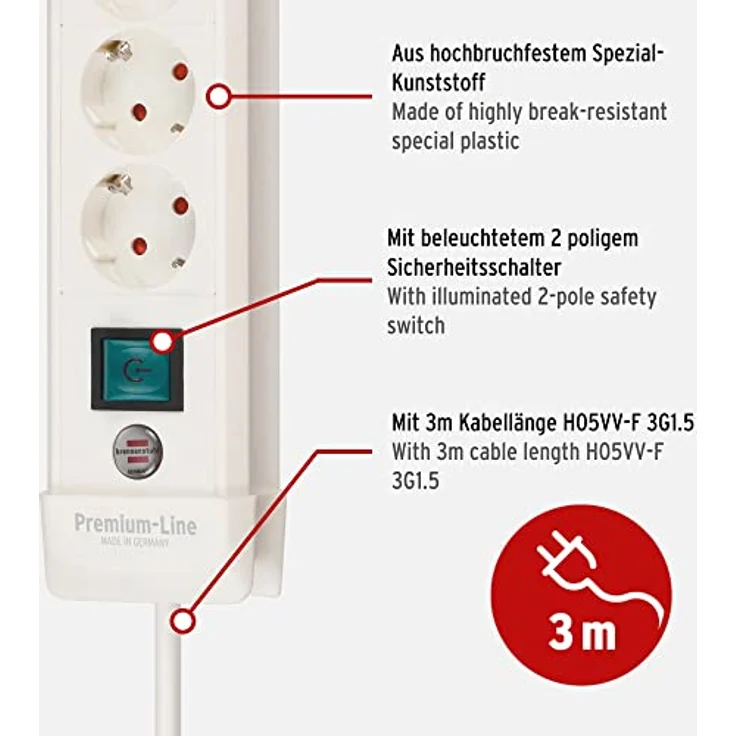Brennenstuhl Premium-Line, Steckdosenleiste 6-fach (Steckerleiste mit Schalter und 3m Kabel - 45° Winkel der Schutzkontakt-Steckdosen, Made in Germany) weiß – Bild 3