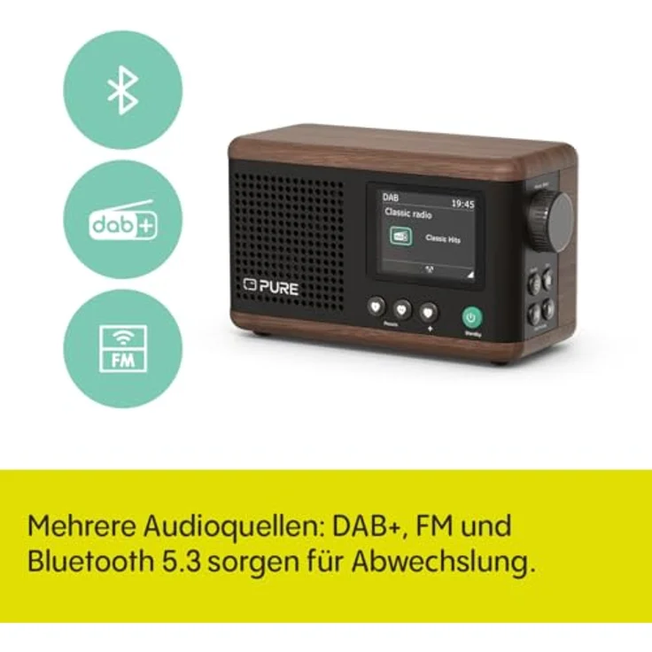 Pure Classic Mini Tragbares Digitalradio – DAB+ & UKW-Radio – Bluetooth 5.3 – 15 Stunden Akkulaufzeit – 2 Equalizer-Optionen – 2,4 Zoll Farbdisplay – Trageband – Kaffee-Schwarz/Walnuss – Bild 2
