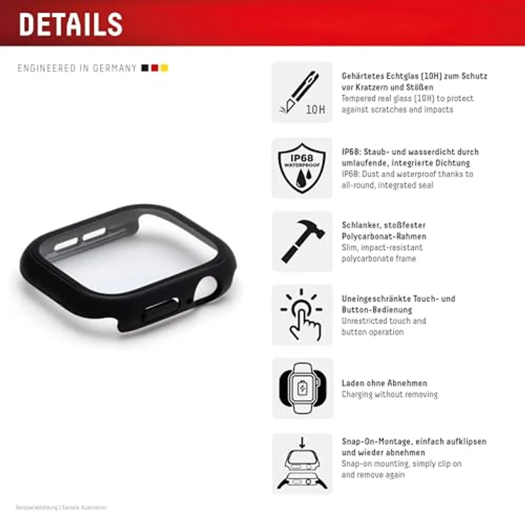 Displex 10H Panzerglas für Apple Watch 9/8/7 (45mm), Full Body Schutz, IP68 Wasserdicht, matt-schwarz, Snap-On Montage, Premium Rundum Displayschutz – Bild 2