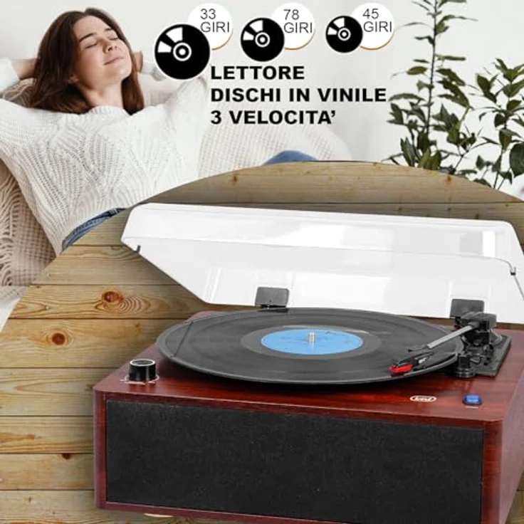 Trevi TT 1030 BT Plattenspieler aus Holz, kabelloser Audio-Anschluss, 33/45/78 Umdrehungen, RCA-Ausgang, eingebaute 15-W-Lautsprecher – Bild 2