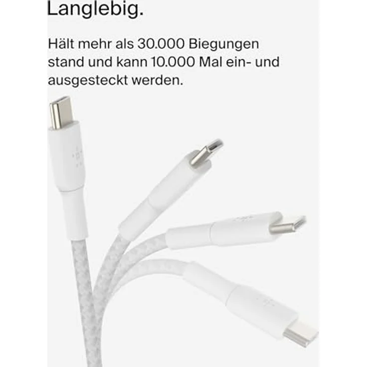 Belkin BoostCharge (2 m) geflochtenes USB-C auf USB-C Kabel für iPhone 16, Galaxy S24, Pixel 8/7, iPad Pro – Weiß, Schnellladefunktion bis zu 60 W, Hochgeschwindigkeits-Datentransfer bis zu 480 Mbit/s, Langlebigkeit mit über 30.000 Biegungen. – Bild 4