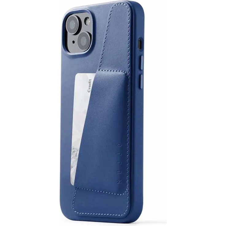 Mujjo Leather Wallet Case mit MagSafe für iPhone 14/15 Plus, blauer Echtleder-Smartphone-Hülle mit integriertem Kartenhalter und präziser Passform