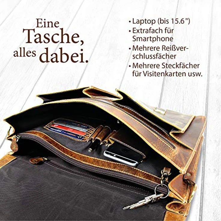 Corno d´Oro Premium Laptoptasche Echt Leder 15.6 Zoll Braun – Handgefertigte Umhängetasche für Herren & Damen, Business Organizer, MacBook & Laptop Tasche – Bild 4