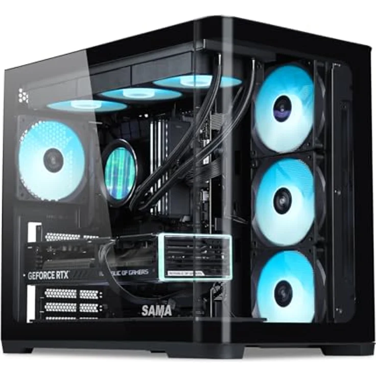 SAMA V60 Mid Tower PC-Gehäuse, Geschwungene Glasfront, 7×120mm ARGB PWM Lüfter, USB Type-C, Hochdurchsatz ATX, 360mm AIO Unterstützung – Schwarz – Bild 1