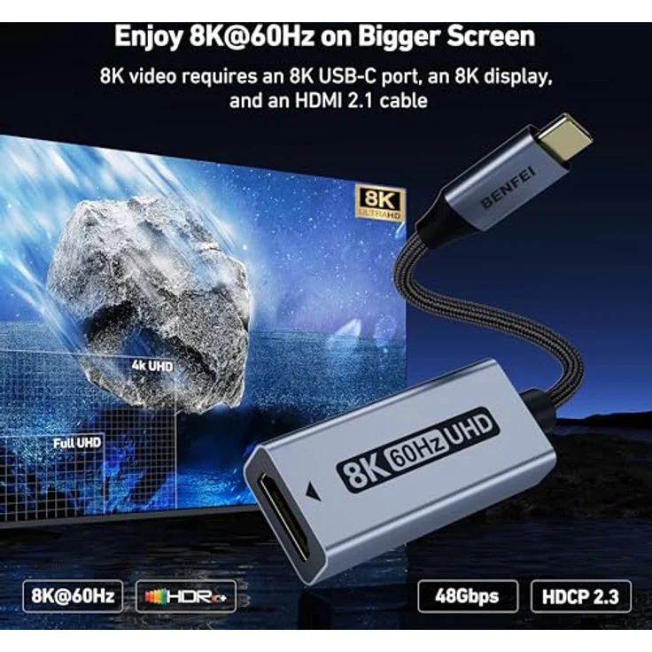 BENFEI USB C auf HDMI 2.1 Adapter, 8K@60Hz/4K@240Hz, Aluminiumgehäuse, geflochtenes Nylon, kompatibel mit iPhone 15/16 Pro/Max, MacBook Pro/Air 2023, iPad Pro – Bild 3