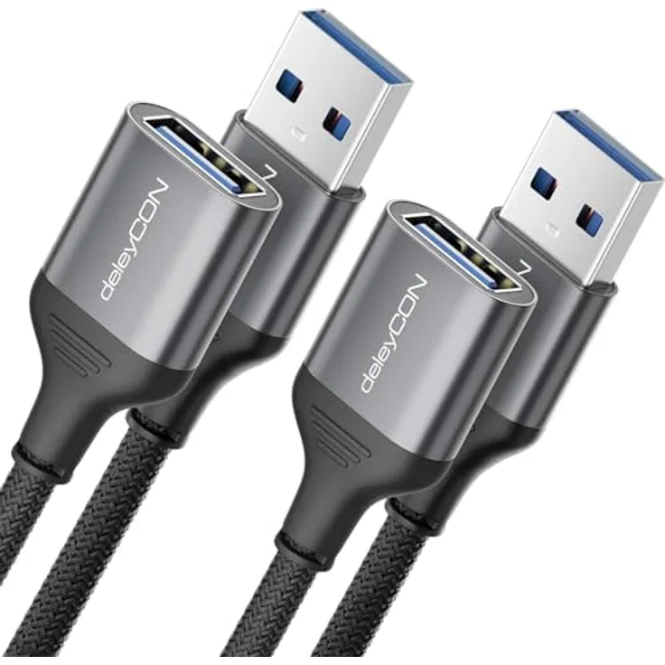 deleyCON 2x 1,5m USB 3.0 Verlängerungskabel, 5Gbps, A-Stecker auf A-Buchse, Aluminium Stecker, Nylon Kabel, kompatibel mit Tastatur, Drucker, Scanner, Kamera