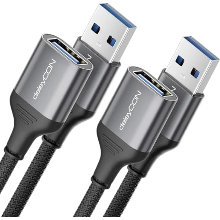 deleyCON 2x 1,5m USB 3.0 Verlängerungskabel, 5Gbps, A-Stecker auf A-Buchse, Aluminium Stecker, Nylon Kabel, kompatibel mit Tastatur, Drucker, Scanner, Kamera – Bild 1