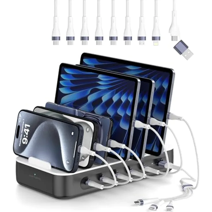 4smarts Ladestation „Team 5C/1A“, Induktions-Ladegerät mit 6 Anschlüssen, 5x USB-C und 1x USB-A, inklusive 4in2-Multiladekabel, schneller 20W Ladeleistung, Sicherheitsmechanismen