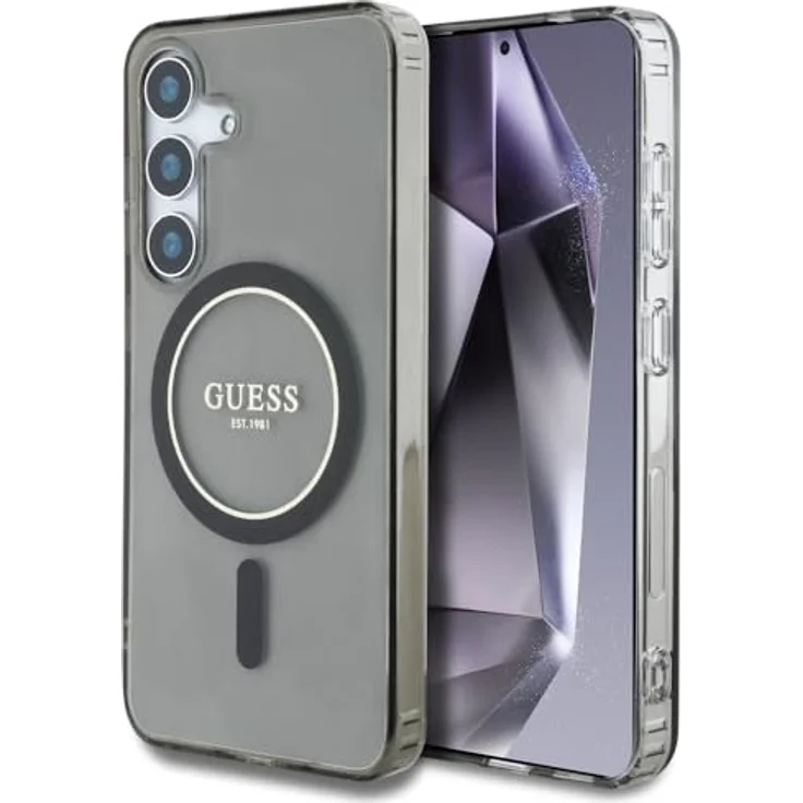CG MOBILE Guess Glitter Circle Classic Logo, Hartschalenhülle aus TPU/PC, kompatibel mit MagSafe für Samsung Galaxy S25, Schwarz – Bild 1