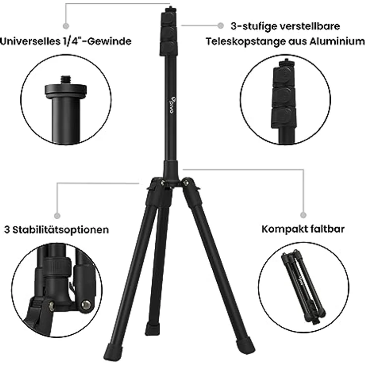Pivo Stativ für Smartphone, Leichter Aluminiumständer, 160 cm, mit universellem 1/4-Zoll-Gewinde und 3 Höhen, für Action Cam, DSLR und Pivo Pods – Bild 4