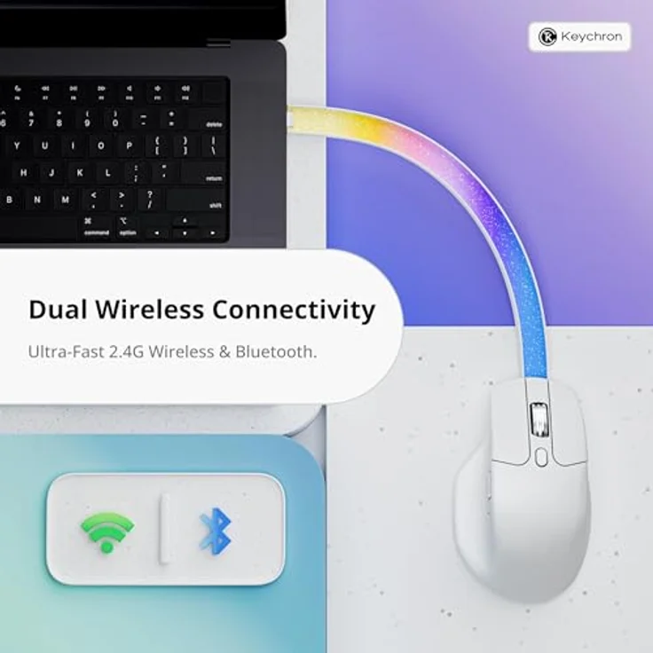 Keychron M6 8000Hz, Kabellose Maus mit Bluetooth, 2,4 GHz, PixArt 3950 Sensor, ergonomisches Design, Weiß – Bild 3