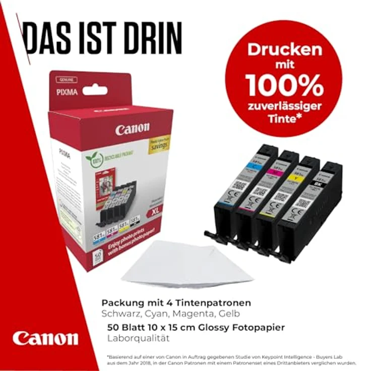 Canon CLI-581XL BK/C/M/Y Tinte mit hoher Reichweite, Multipack mit Fotopapier für beeindruckende Druckqualität – Bild 2