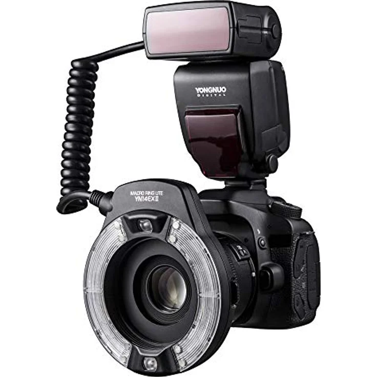 YONGNUO YN14EX II Makro-Ringblitz für Canon DSLR-Kameras, mit Adapterringen und Farbtemperaturfilter, Blitzschuhhalterung, unterstützt M, TTL-Blitz – Bild 1