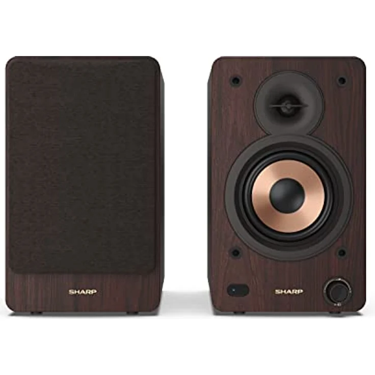 SHARP CP-SS30 2-Wege-Lautsprecher aktiv, 60 Watt (2x30 W) Holzgehäuse (Bluetooth 5.0, USB, Optisch, AUX, Cinch), Bass- und Höheneinstellung, abnehmbare Gitter, Fernbedienung, braun – Bild 2