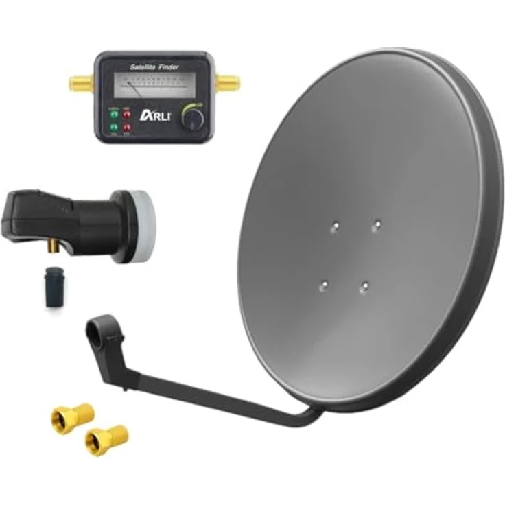 ARLI 60cm HD Satellitenantennen Set, Single LNB, Satfinder, 2x F-Stecker, graue Antenne für UHD 4K und Full HD Empfang – Bild 1