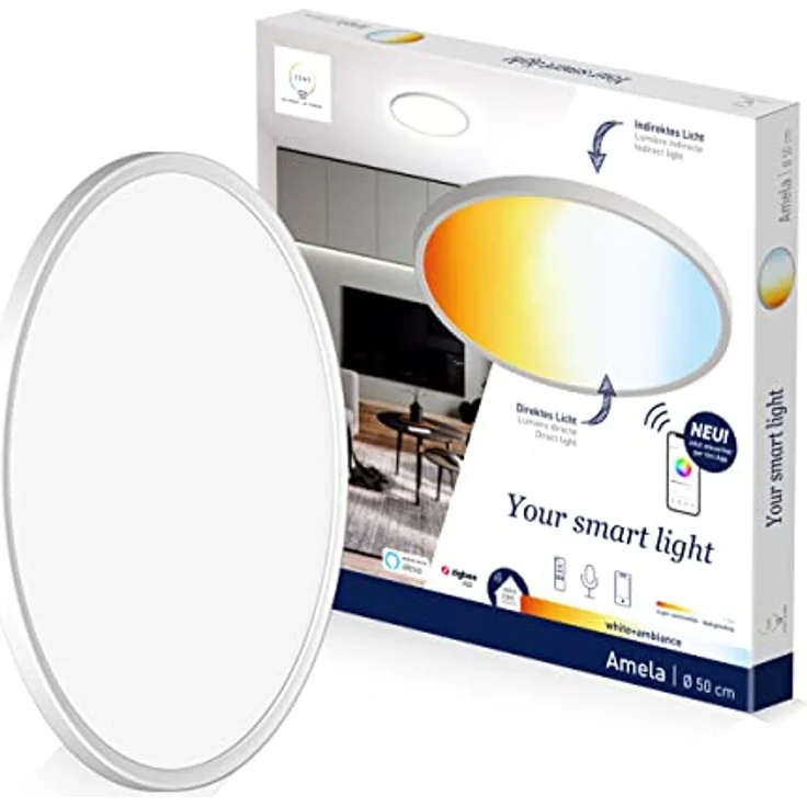 tint Smarte LED-Deckenleuchte AMELA – Dimmbar mit 6 voreingestellten Lichtszenen – 1800-6500 K – Steuerbar per Alexa, Fernbedienung oder Bluetooth – Weiß (Ø 50 cm) – Bild 1