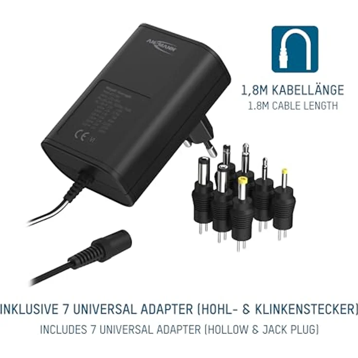 ANSMANN APS 1500 Universal Stecker Netzteil 12V inkl. 7 verschiedende Adapter Stecker - Netzstecker bis max. 1500mA - Netzadapter zur Stromversorgung vieler Elektrokleingeräte von 3-12 Volt regelbar – Bild 5