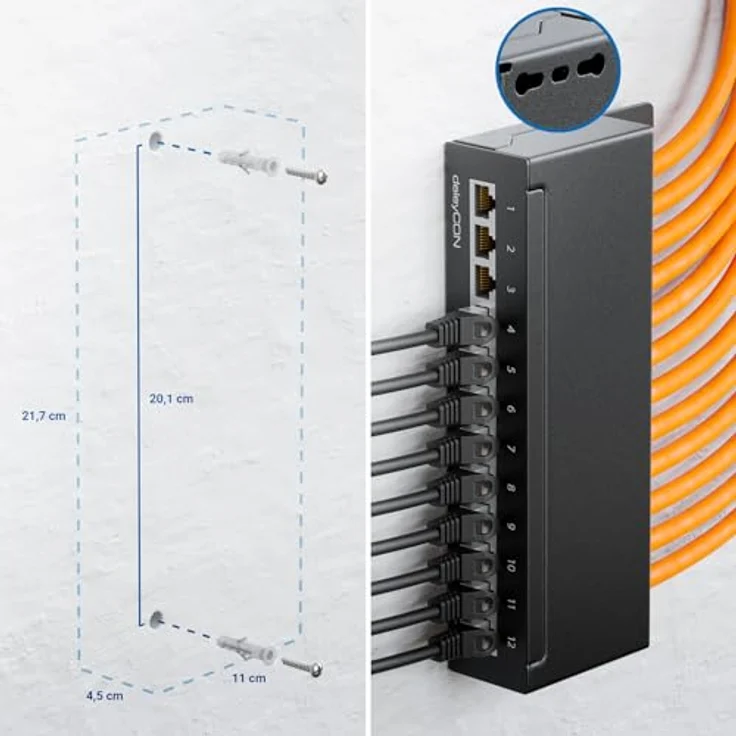 deleyCON CAT 6 Patchpanel Verteilerfeld 12 Port - Desktop / Wandmontage - geschirmt - 12x RJ45 Buchse - TIA568A / TIA568B - Schwarz – Bild 4