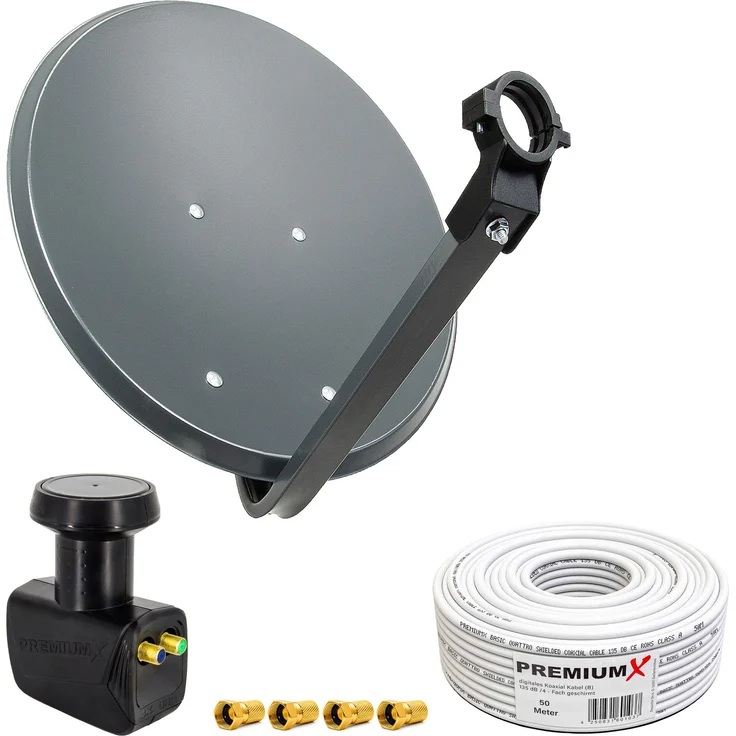 PremiumX PXS60, 60cm Satellitenantennenanlage mit Twin LNB, 50m Kabel und 4x F-Stecker, anthrazit
