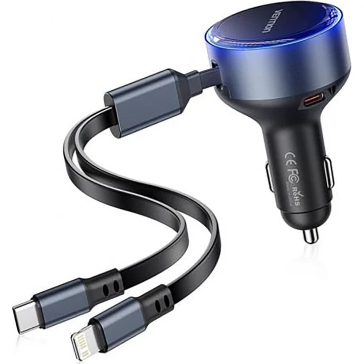 Vention FFOB0 USB-C Auto-Ladegerät + USB-C/Lightning 30W Kabel, schnelles Laden für bis zu 3 Geräte, Aluminiumlegierung, robuste Bauweise
