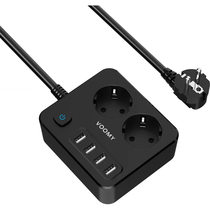 Voomy Power S2 Mehrfachsteckdose (Überspannungsschutz, Kabellänge 2 m) mit 4 USB-Ladegeräte und Schalter, Schwarz