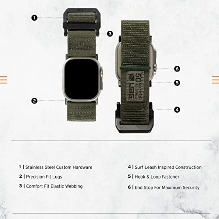 Urban Armor Gear Active Strap Armband für Apple Watch Ultra / 45mm / 44mm / 42mm [Series 8/7 / 6/5 / 4/3 / 2/1, Watch Ultra 49mm, Nylon Ersatzarmband] Foliage grün – Bild 3
