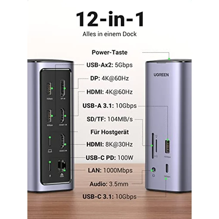 UGREEN USB C Docking Station Triple Display für MacOS und Windows, 2HDMI DP 4K@60Hz, 10Gbps USB Datenports, PD 100W, Ethernet, Audio, SD/TF, 12 IN 1 Dock für MacBook, Surface, Lenovo, Dell, HP usw. – Bild 2