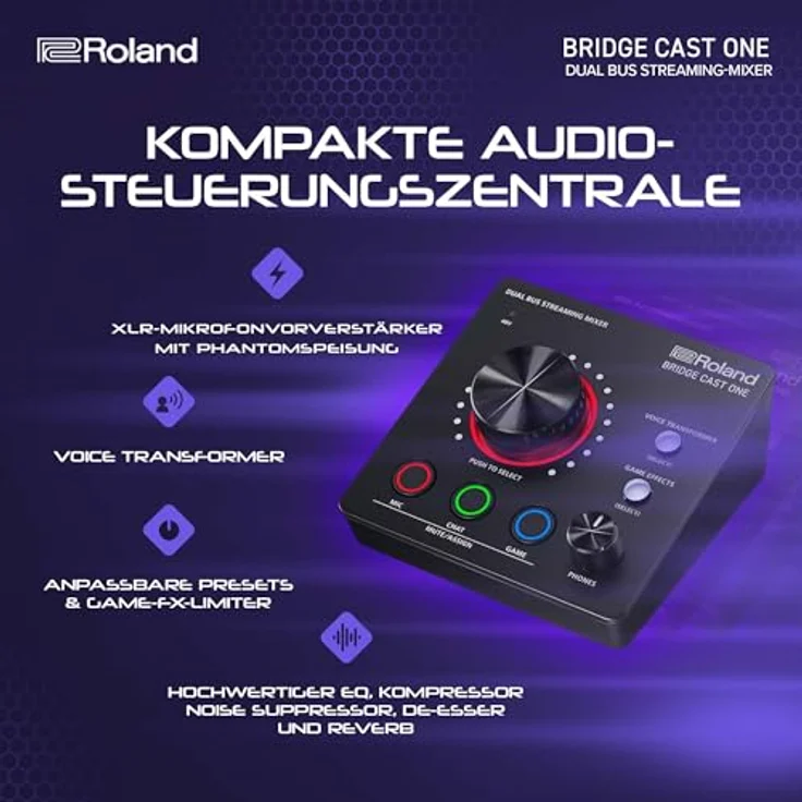 Roland BRIDGE CAST ONE Dual Bus Streaming Mixer | Kompakter Audio-Streaming-Mixer | Für Online-Gamer & Content-Produzenten | 32-Bit Hardware-DSP | USB-C Verbindung für Windows und Mac – Bild 4