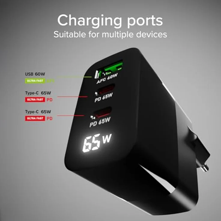 SBS 65-Watt-Ladegerät mit LCD-Display, Power Delivery-Technologie, EU-Wandsteckdose, schwarz – Bild 3