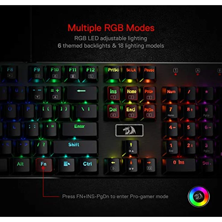 Redragon K556-US RGB LED Kabelgebundene Mechanische Gaming Tastatur Mit Hintergrundbeleuchtung, Aluminium Tastatur, 104 Tasten Anti-Ghosting, für Windows, Laptop, PC, Notebook (QWERTY Layout, Schwarz) – Bild 5