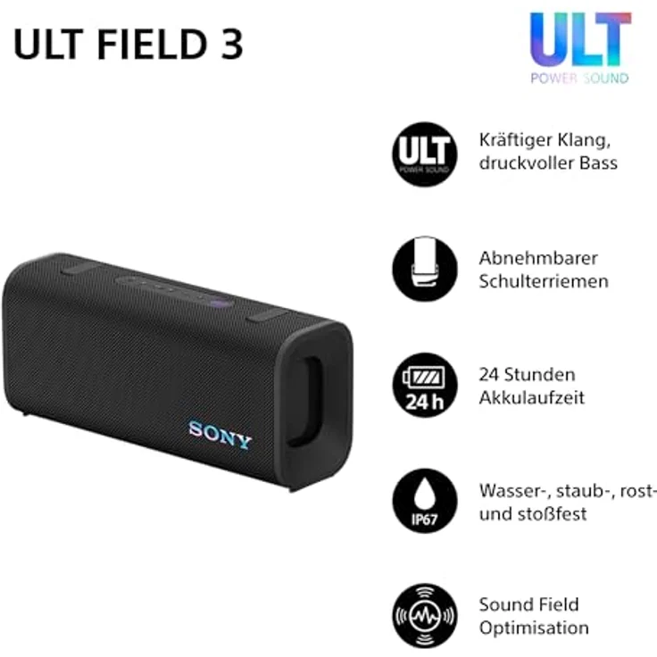 Sony ULT Field 3, Tragbarer Bluetooth-Lautsprecher mit ULT Power Sound, 24-Stunden-Akku, IP67 wasserdicht, staubdicht, schwarz – Bild 2