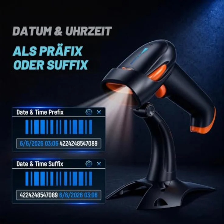 Tera Barcode Scanner HW0002, 2D/1D 3-in-1, Wireless 2.4 GHz/Bluetooth/USB, 2000mAh Akku, Anti-Schock-Silikon, orange – Bild 4