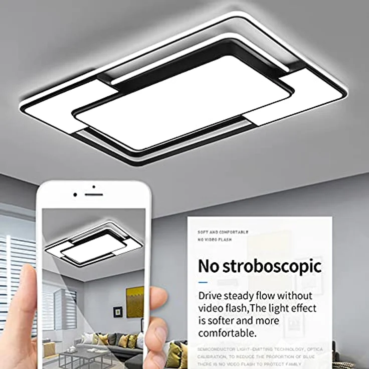 Natsen 150W LED Deckenleuchte Deckenlampe, dimmbar mit Fernbedienung, Moderne Lampe für Wohnzimmer Schlafzimmer Büro, Rechteckig Schwarz – Bild 2