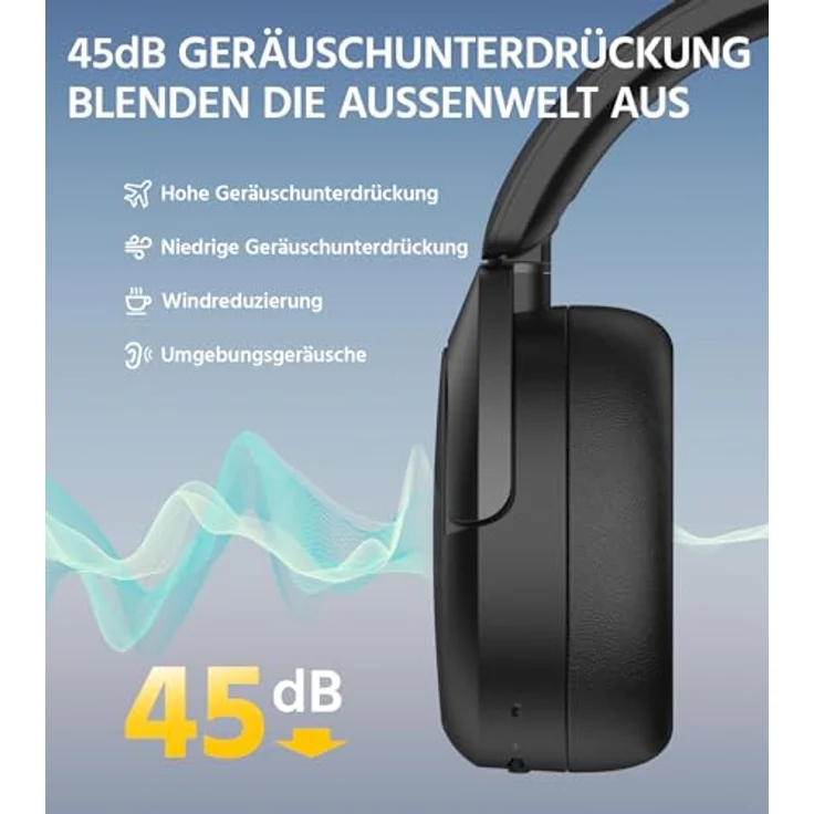 Edifier W830NB Wireless Over Ear Kopfhörer mit -45dB ANC, 94Std. AKKU, LDAC Hi-Res Sound, Spatial Audio, Schnellladung, Bluetooth V5.4 - Schwarz – Bild 3