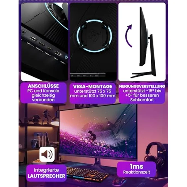 Arozzi Nova, 32 Zoll Gaming Monitor mit 180Hz QHD und IPS-Panel, lila – Bild 3