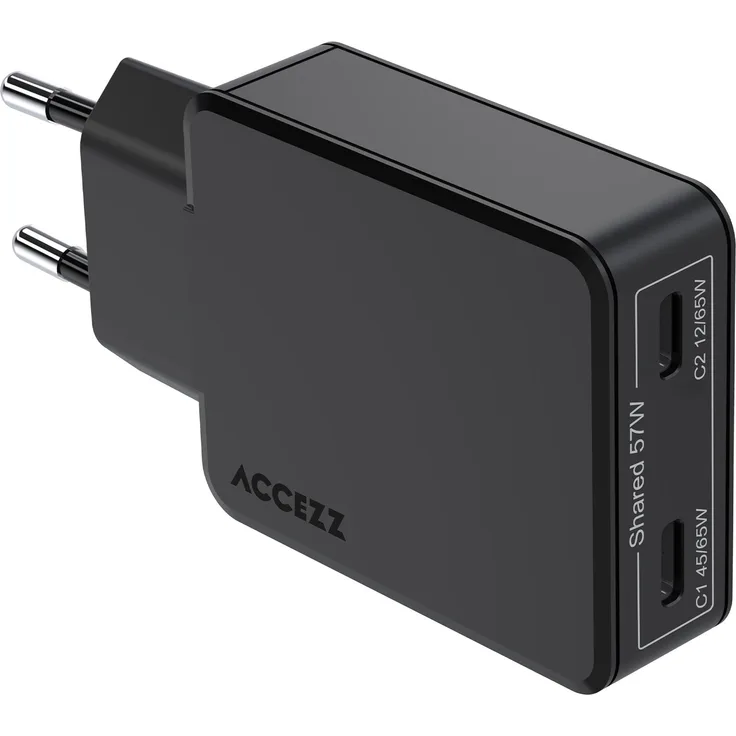 Accezz Ultra Slim GaN Ladegerät, 2x USB-C Anschlüsse, 65W Leistung, schwarz