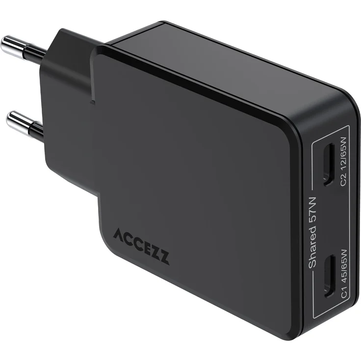 Accezz Ultra Slim GaN Ladegerät, 2x USB-C Anschlüsse, 65W Leistung, schwarz