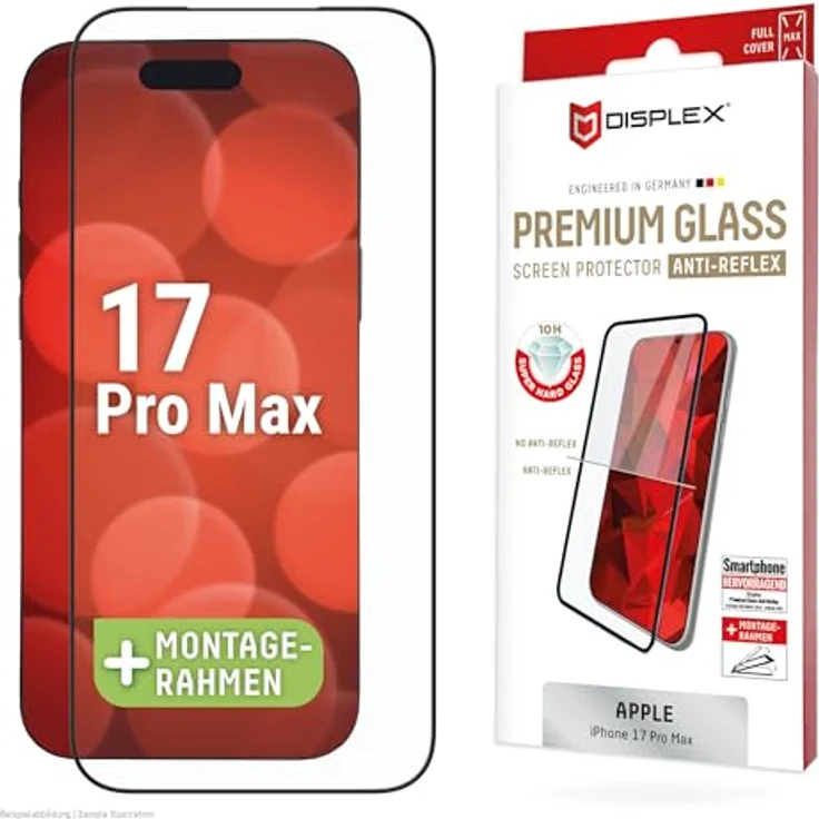 Displex Premium Schutzglas Full Cover (10H) für iPhone 17 Pro Max, mit Montagerahmen, kratzfest und schmutzabweisend – Bild 1