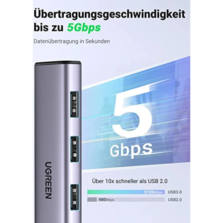 UGREEN CM475 Multifunction HUB, USB 3.0 mit 3 x USB 3.0 Ports, 1x Ethernet RJ-45, USB-C PD, Aluminiumlegierung, grau – Bild 4