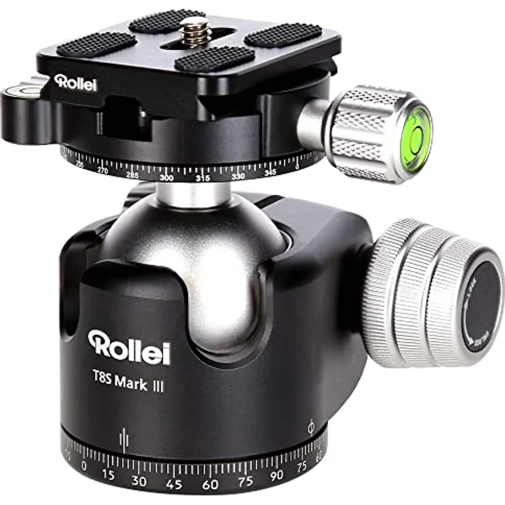 Rollei T8S Markt II professioneller 360 Grad Kamera Stativ Kugelkopf mit Friktion, 22KG Tragkraft, Skalierung f. Panorama Aufnahmen und 2 Wasserwaagen.Inkl. Acra Swiss kompatibler Schnellwechselplatte – Bild 2