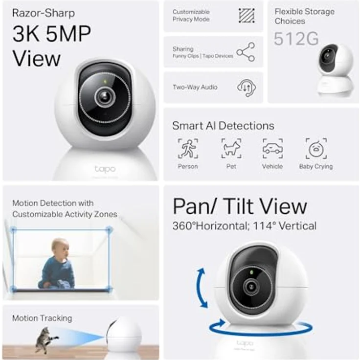 TP-Link Tapo C230 Smart Pan/Tilt AI 3K 5MP 1620P WiFi Home Security Camera, Nachtsicht, Babyweinerkennung, Bewegungserkennung, 2-Wege Audio – Bild 4