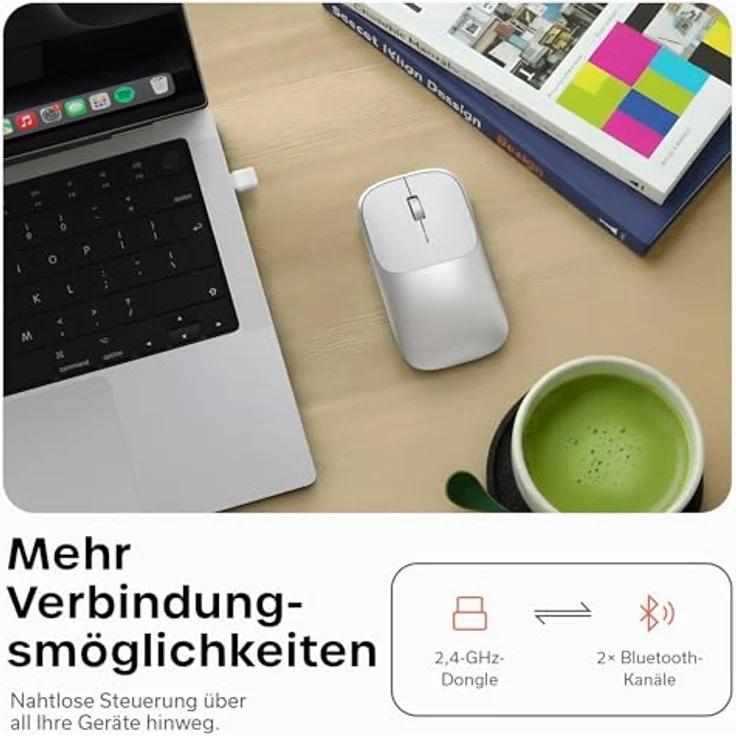 SATECHI Slim EX Kabellose Computermaus, Multi Device mit Bluetooth & 2,4-GHz, leise Klicks, eloxiertes Aluminiumgehäuse, USB-C-Akku, Silber – Bild 5