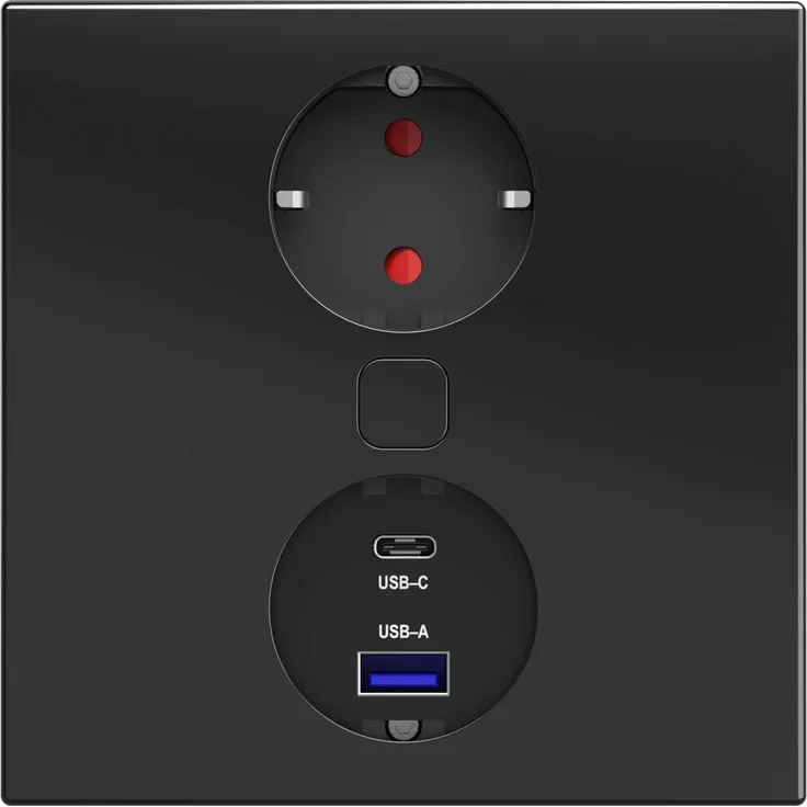 HPF Einbausteckdose Duplex-Q, Küchensteckdose mit USB A/C, Edelstahl schwarz matt, elektrische Öffnung, Einbautiefe 45,5 mm, 2m Kabel