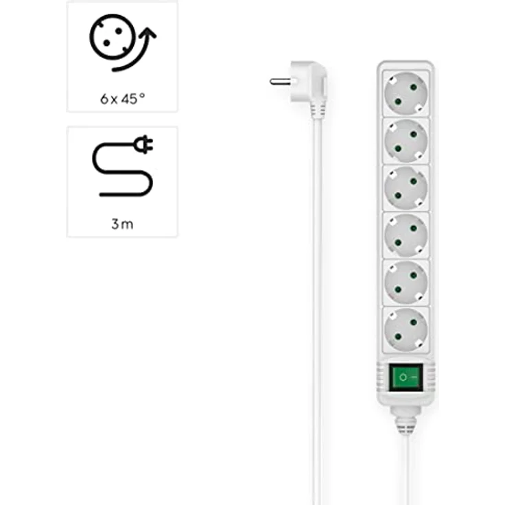 Hama Steckdosenleiste 6-fach, mit Schalter, 3m (Steckdosenleiste mit Schalter, 6 fach Steckdosenleiste, 6er, Mehrfachsteckdose, Mehrfachstecker, mit Berührungsschutz, Schalter beleuchtet, 45°) weiß – Bild 2