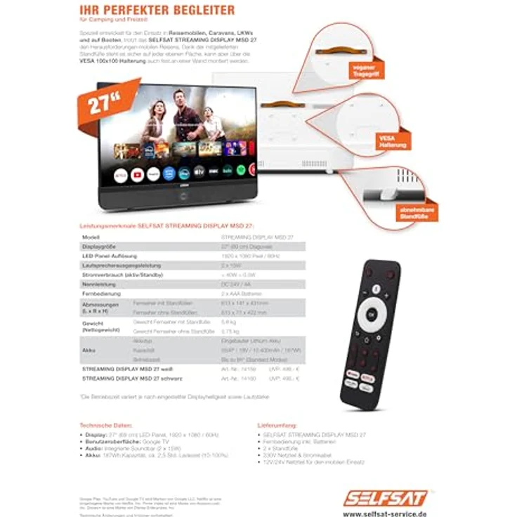 Selfsat Streaming Display MSD 27, 27 Zoll Full-HD mit Google TV und integrierter Soundbar, tragbar, weiß – Bild 8