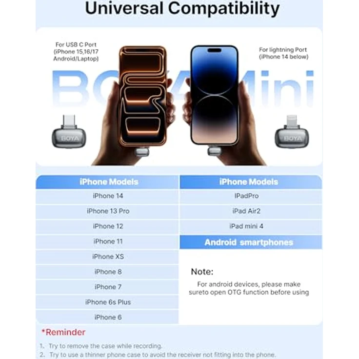Boya Mini 2-01 (Grau), Drahtlos-Mikrofonsystem mit USB-C und Lightning Empfänger, 2x TX, 50m Reichweite, omnidirektionale Kondensatormikrofone, bis zu 5h Akkulaufzeit. – Bild 5