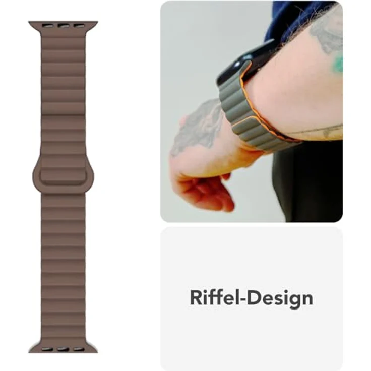 NALIA Core Magnet Armband für Apple Watch Ultra/SE/10/9/8/7/6/5/4/3/2/1, Atmungsaktives Silikon Loop mit Rillendesign, Farbe: Kakaotraum, 42/44/45/46/49mm – Bild 4