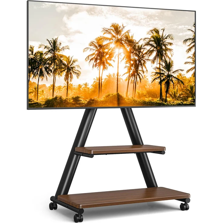 TVON Brauner TV-Ständer, rollbarer TV-Wagen für 32-80 Zoll Fernseher, max. Tragkraft 68 kg, VESA 600x400, mit doppelstöckigem Stauraum und arretierbaren Rollen